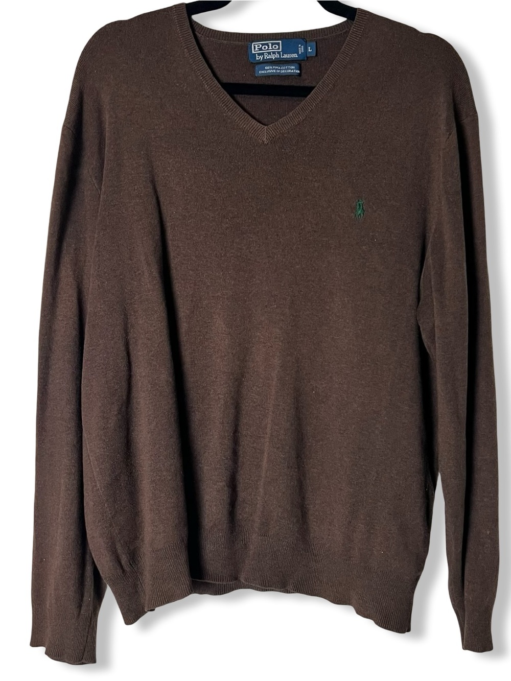Polo Ralph Lauren Mens Brown Pima Cotton V Neck Sweater Pony Logo L